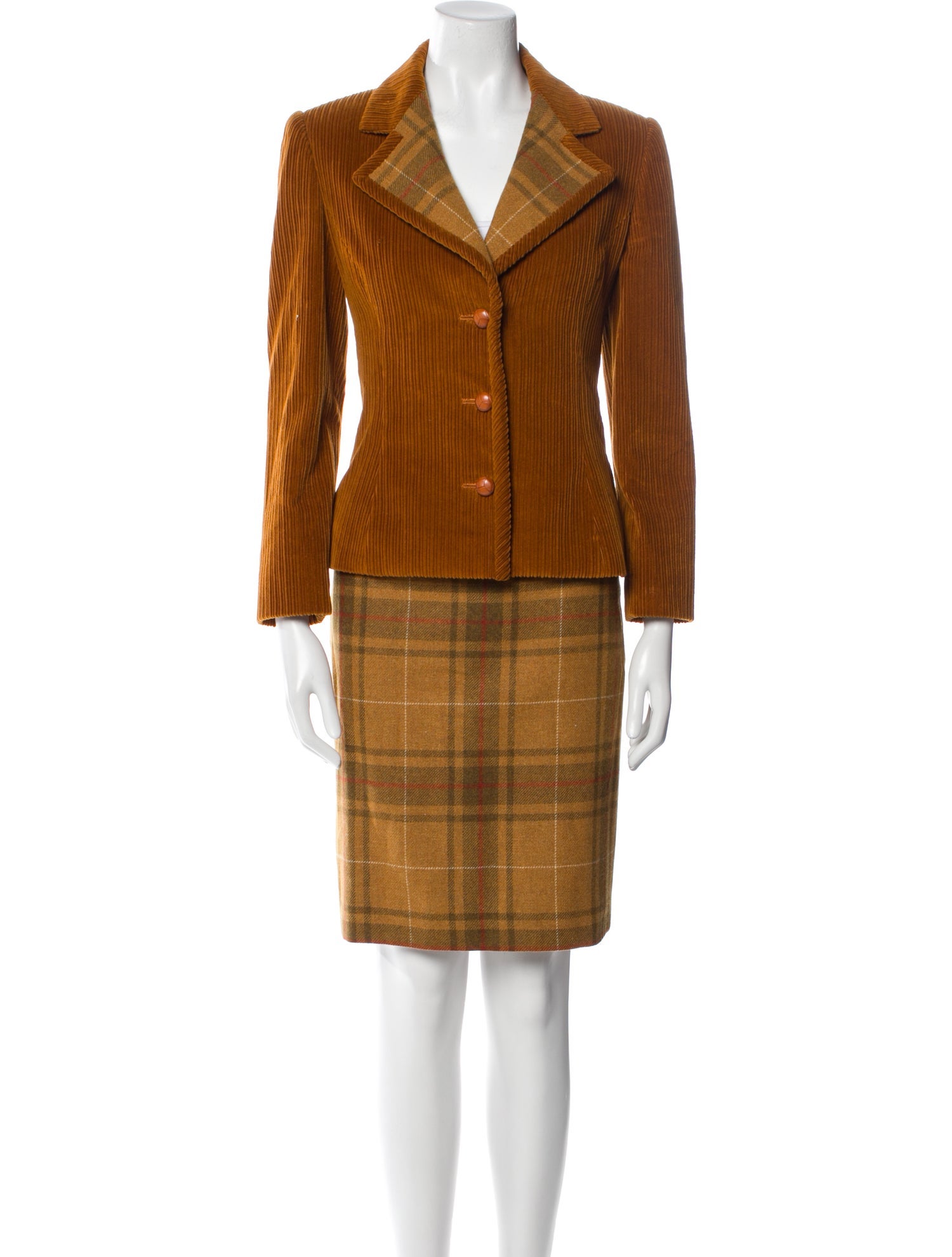 Bill Blass Corduroy Plaid Print Skirt Suit