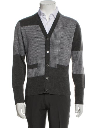 Black Fleece Wool Colorblock Pattern Cardigan