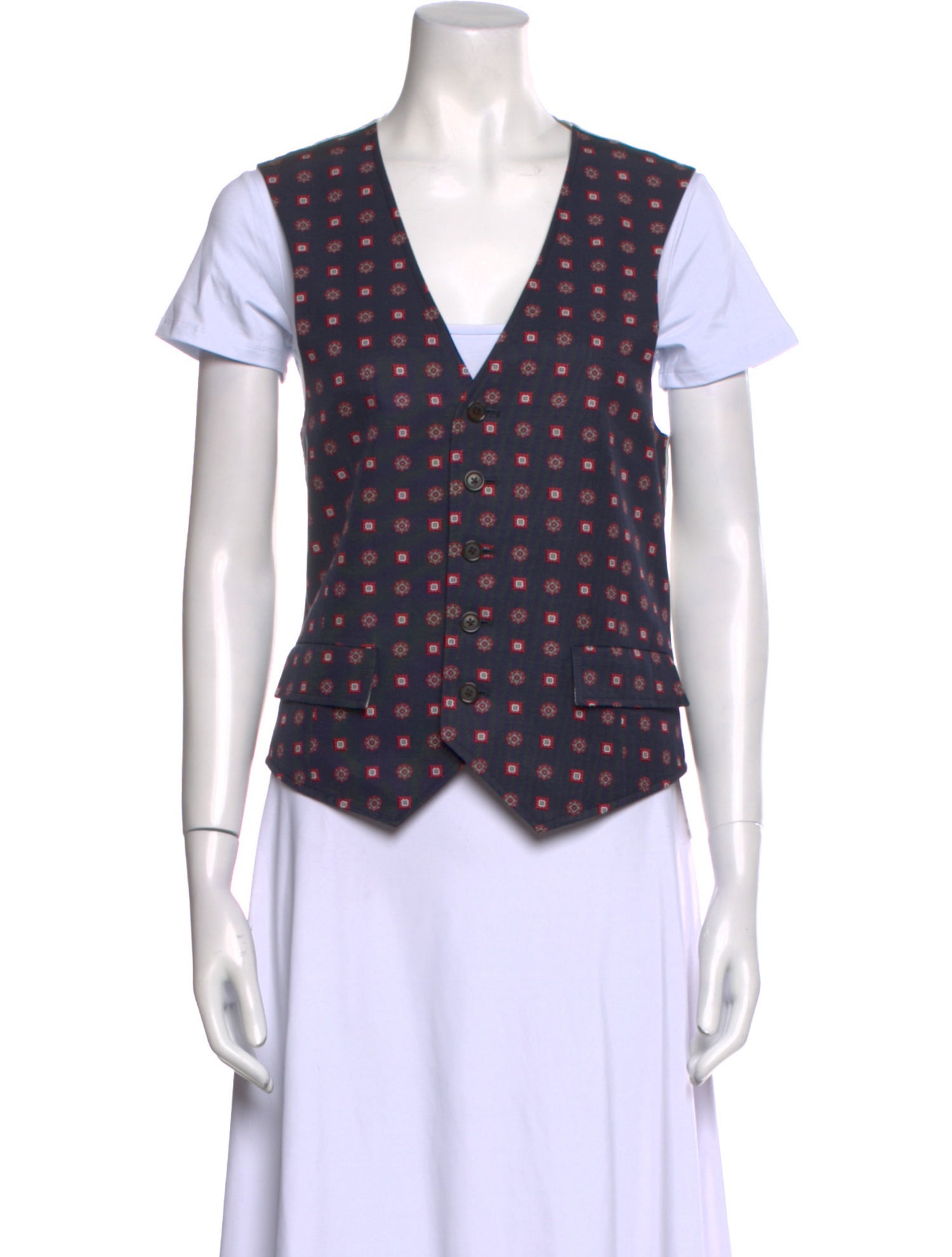 Black Fleece Printed V-Neck Button-Up Top