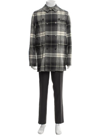 Black Fleece Wool Plaid Print Overcoat