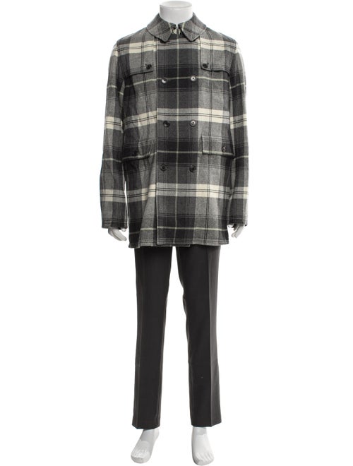 Black Fleece Wool Plaid Print Overcoat