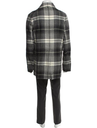 Black Fleece Wool Plaid Print Overcoat
