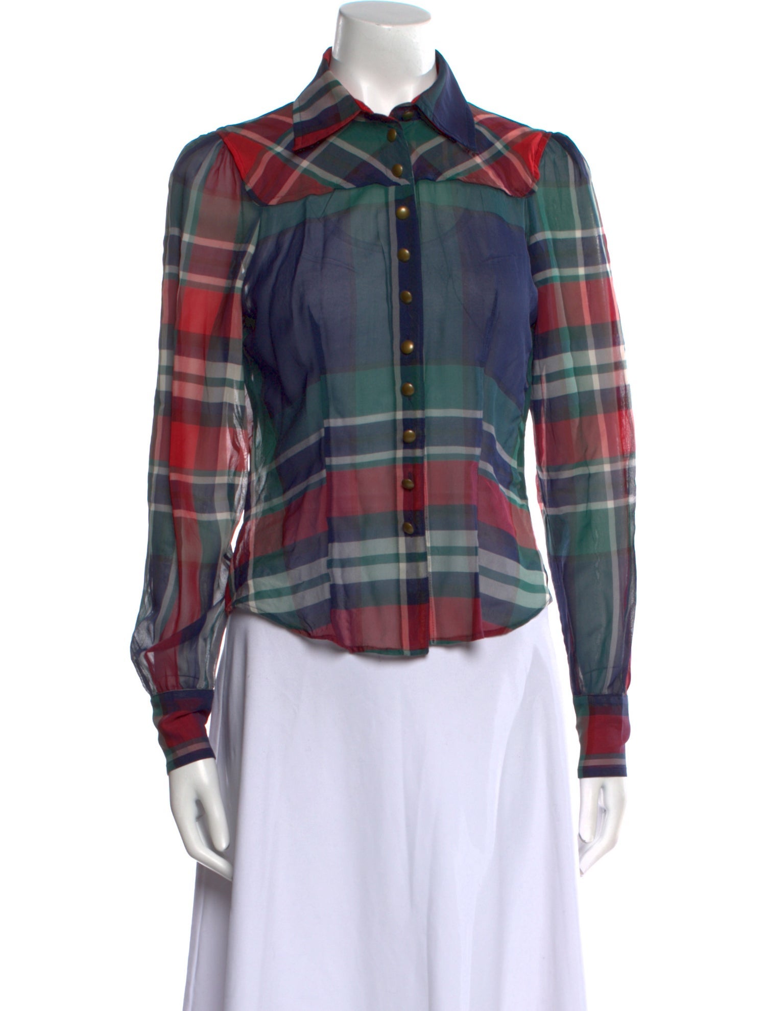 Blumarine Silk Plaid Print Button-Up Top