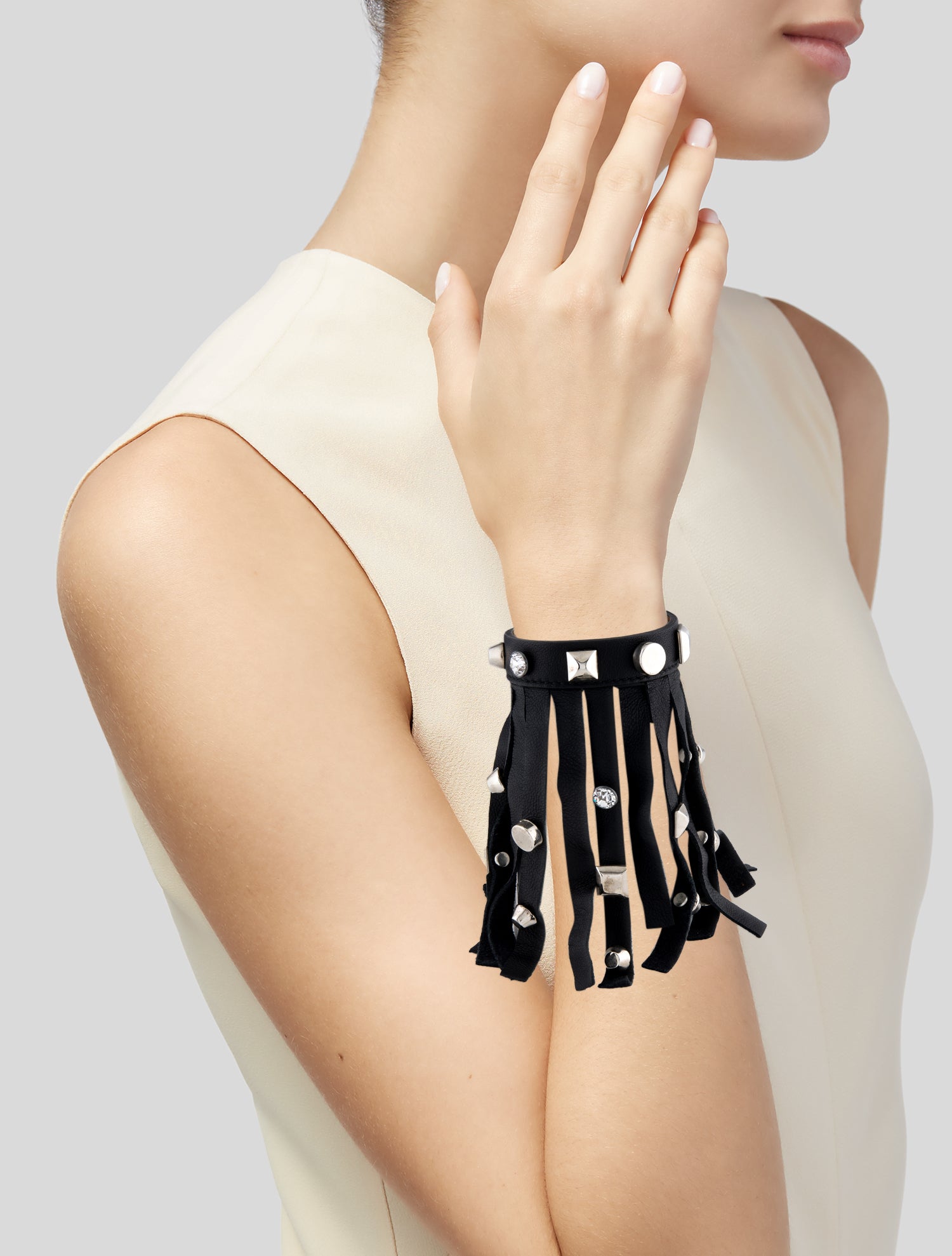 Blumarine Crystal and Leather Fringe Wrap Bracelet