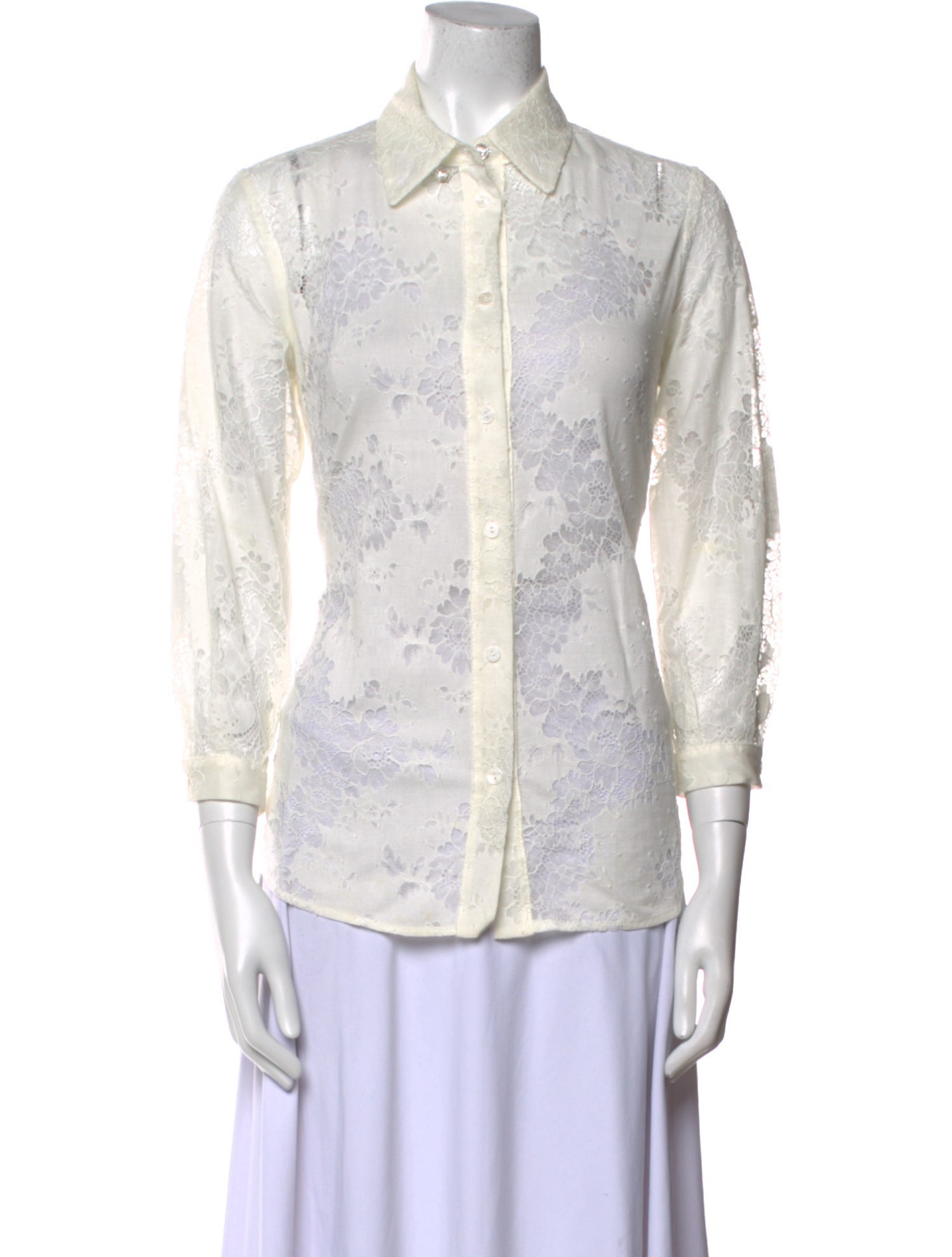 Blumarine Lace Pattern Three-Quarter Sleeve Button-Up Top