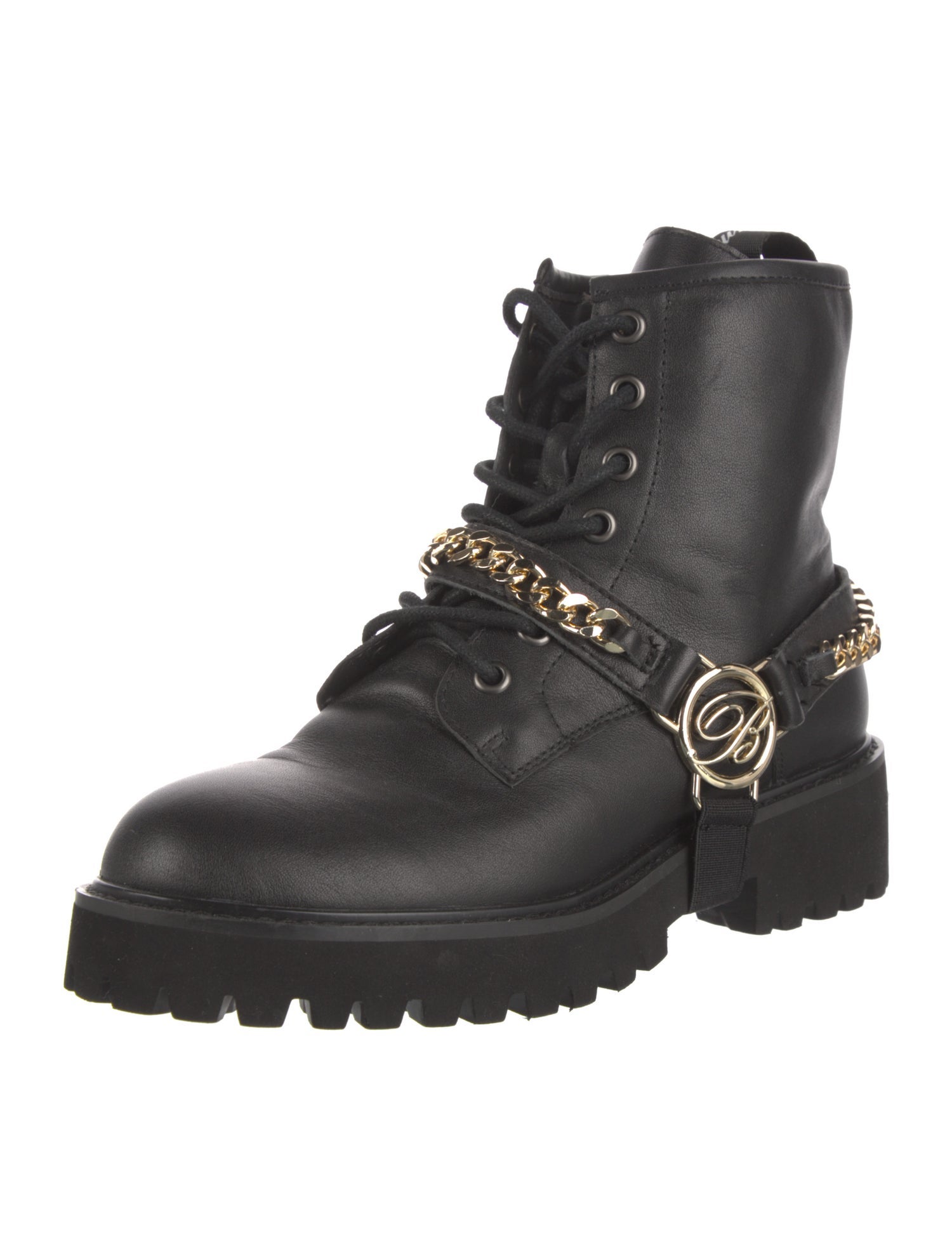 Blumarine Leather Chain-Link Accents Combat Boots