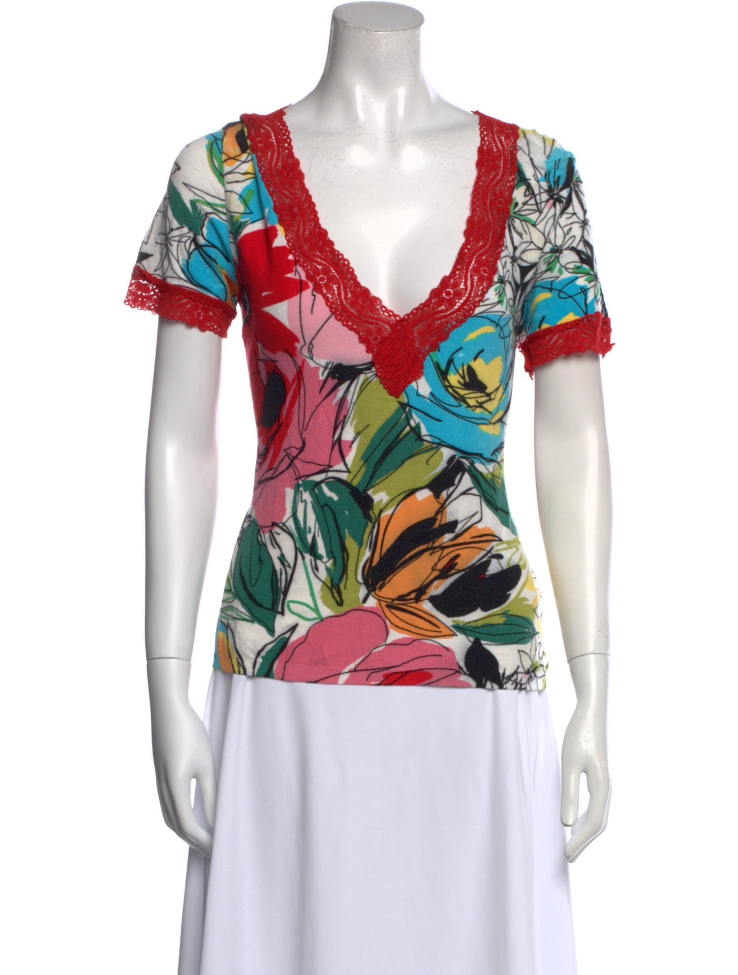 Blumarine Floral Print V-Neck T-Shirt