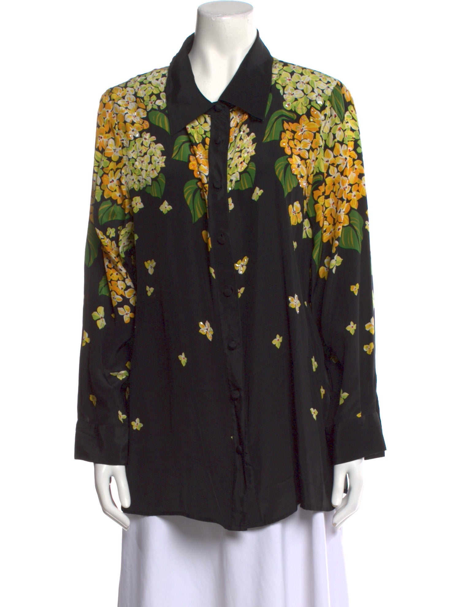Bob Mackie Silk Floral Print Button-Up Top