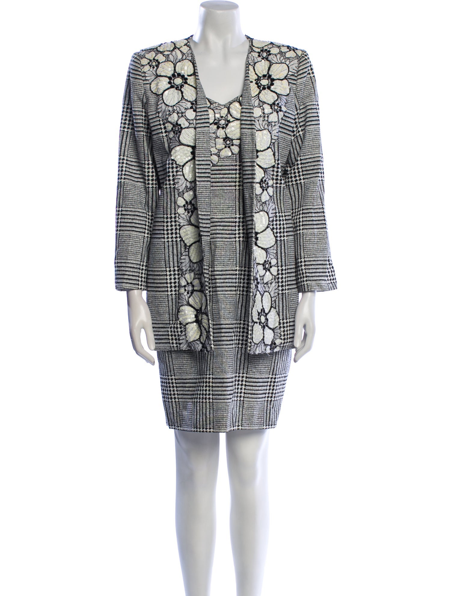 Bob Mackie Houndstooth Print Sequin Embellishments Skirt Suit