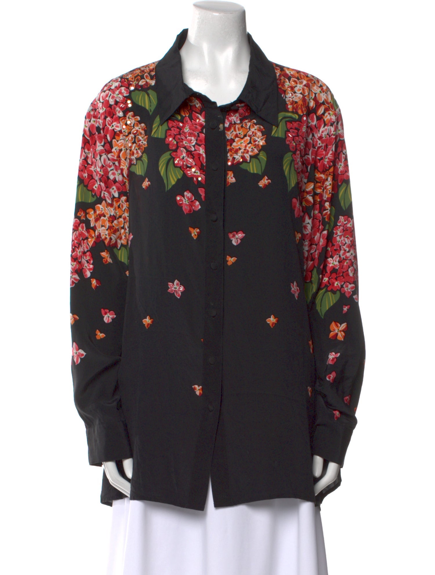 Bob Mackie Silk Floral Print Button-Up Top