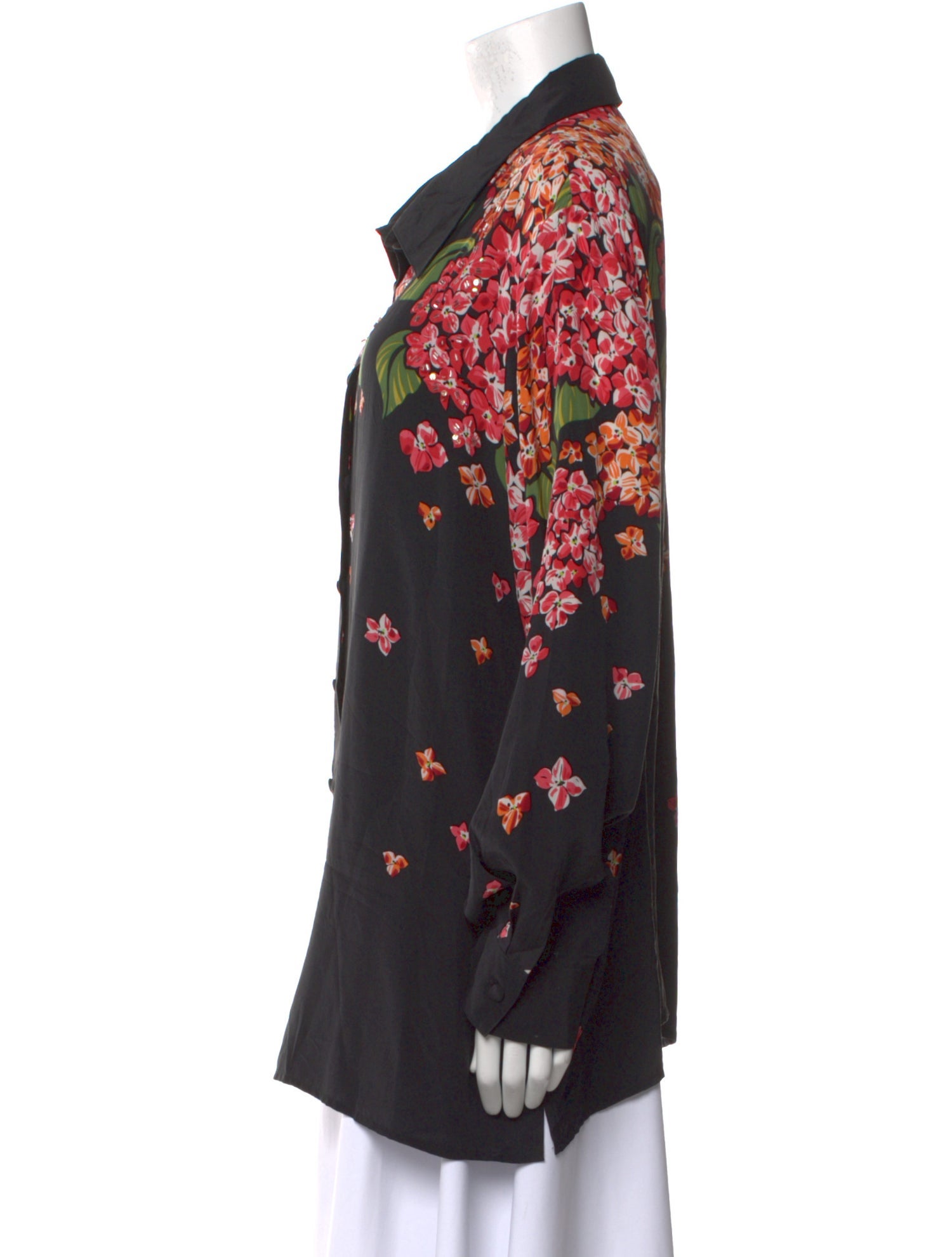 Bob Mackie Silk Floral Print Button-Up Top