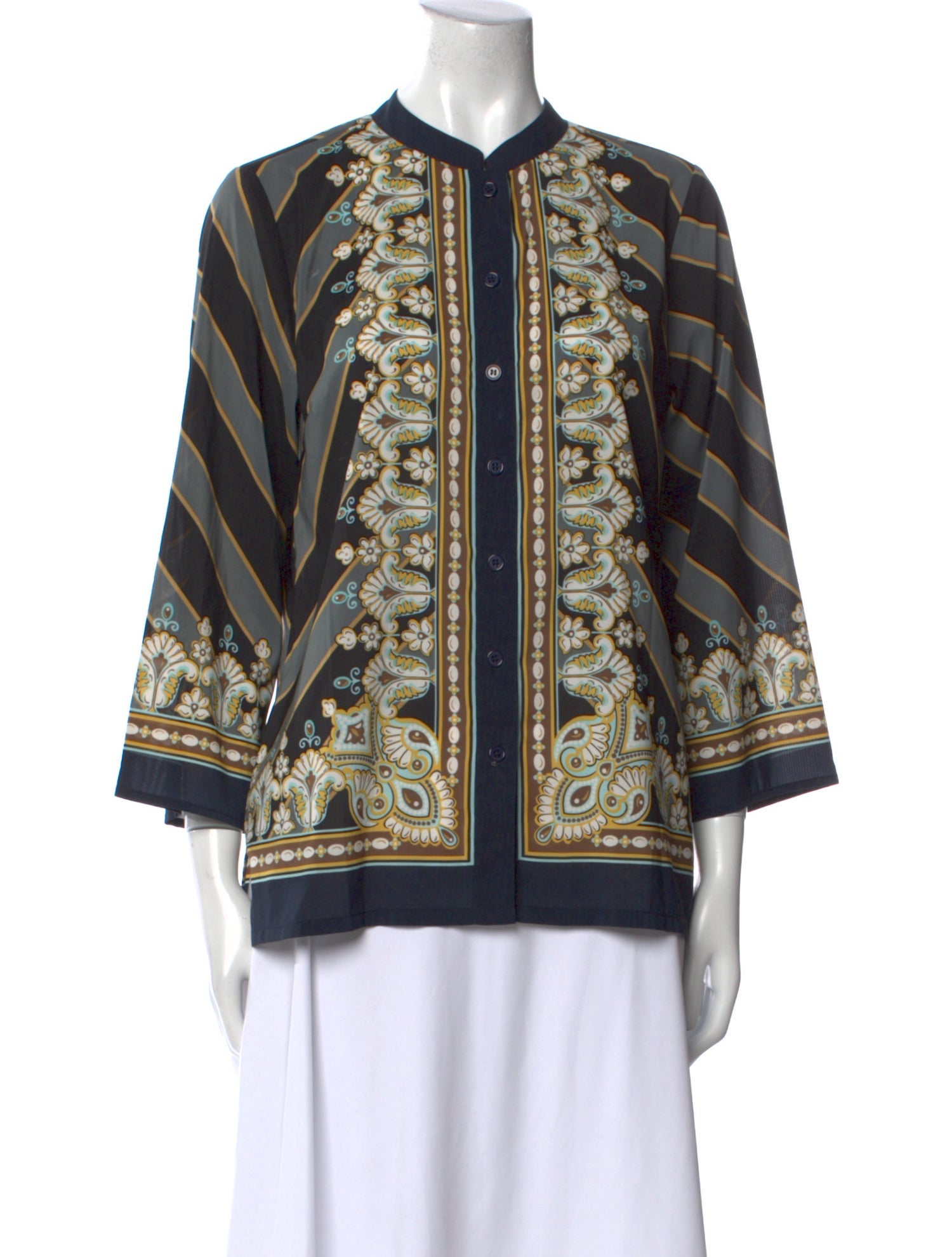 Bob Mackie Wearable Art Printed Crew Neck Button-Up Top