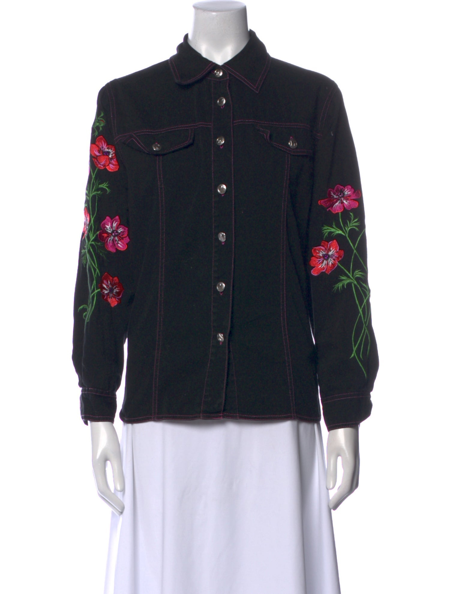 Bob Mackie Floral Print Three-Quarter Sleeve Button-Up Top