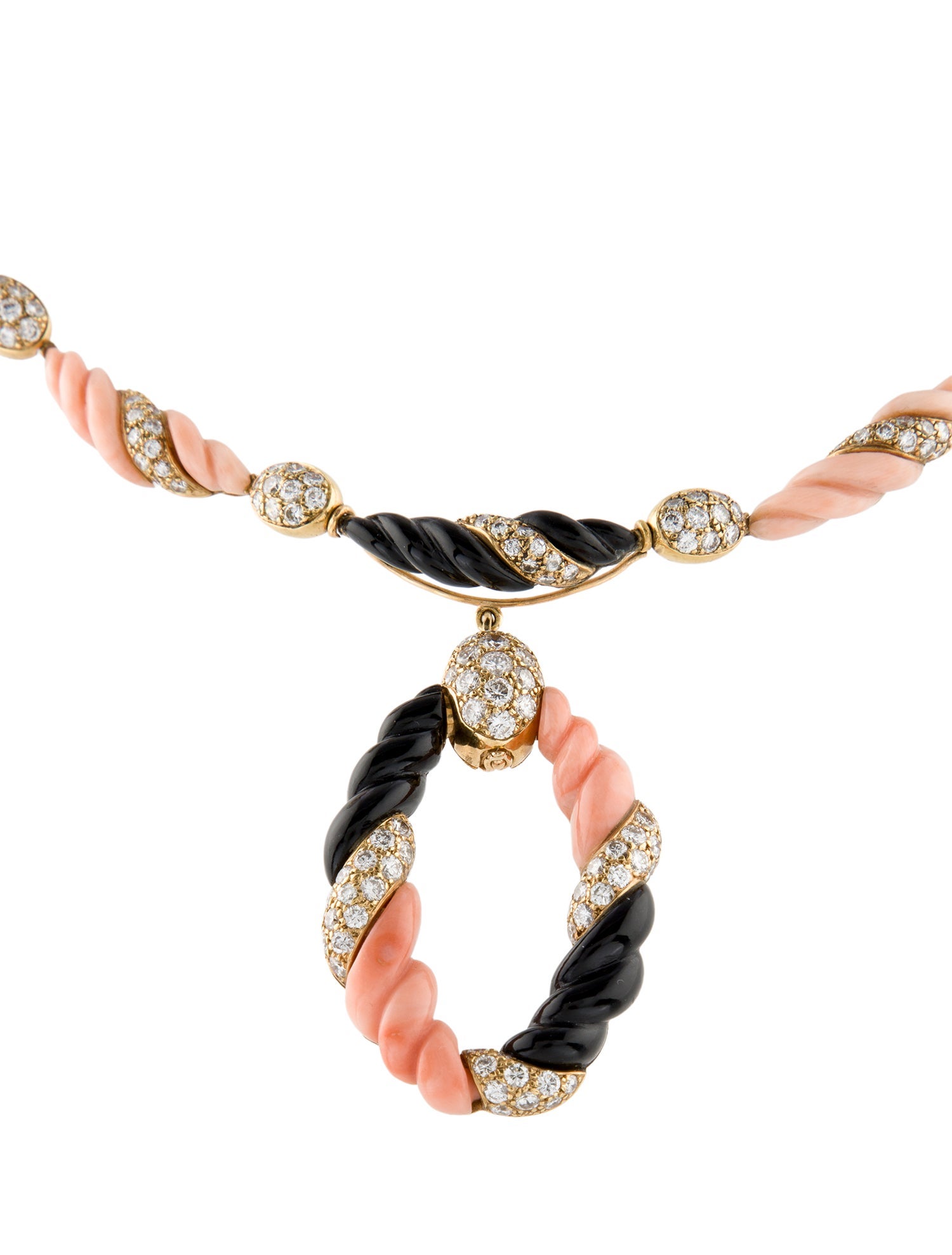 Boucheron Vintage 18K Coral, Onyx & Diamond Earrings and Convertible Pendant Necklace Set