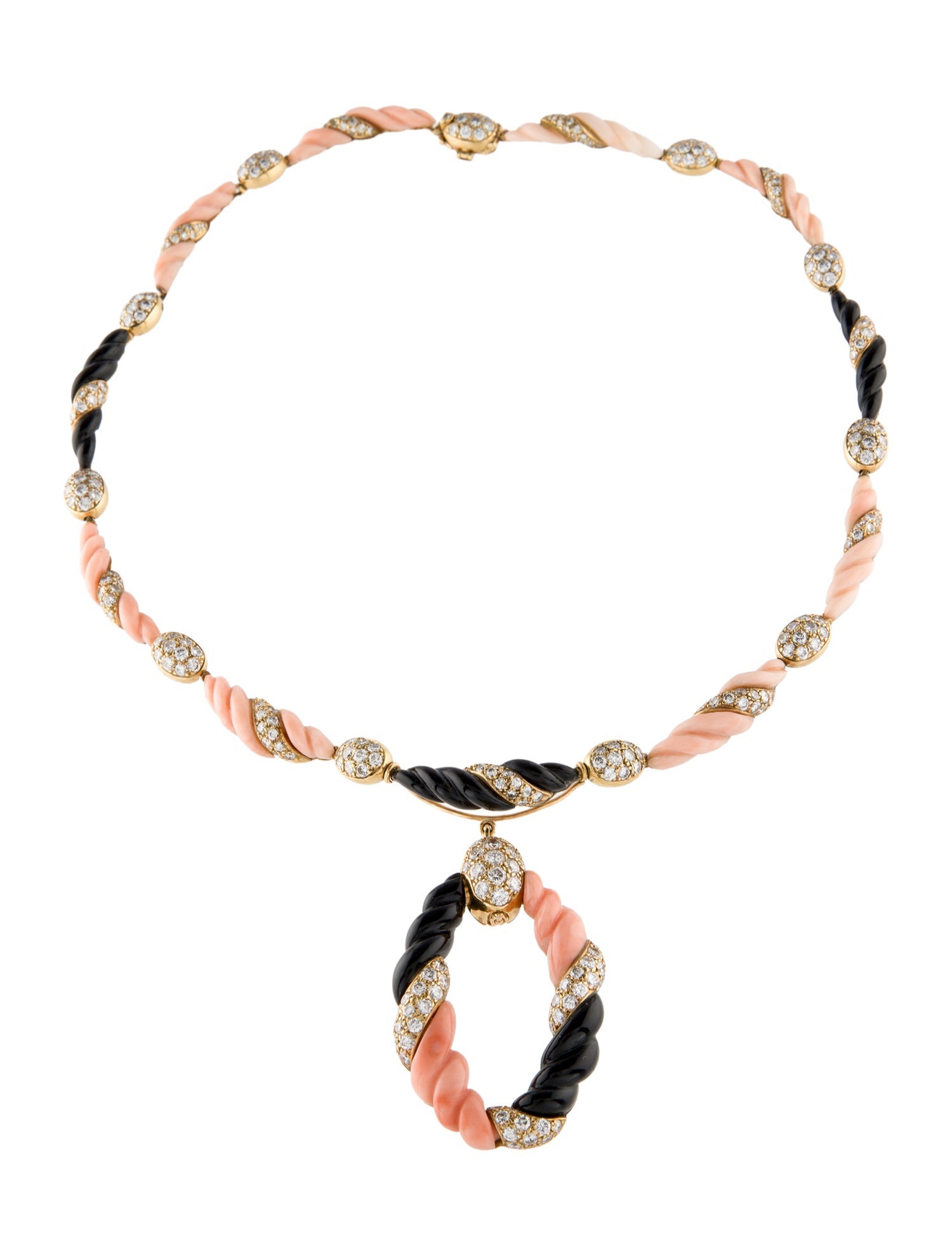Boucheron Vintage 18K Coral, Onyx & Diamond Earrings and Convertible Pendant Necklace Set