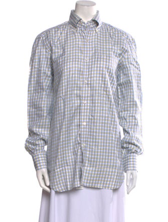 Borrelli Plaid Print Mock Neck Button-Up Top