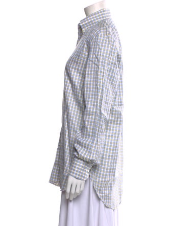 Borrelli Plaid Print Mock Neck Button-Up Top