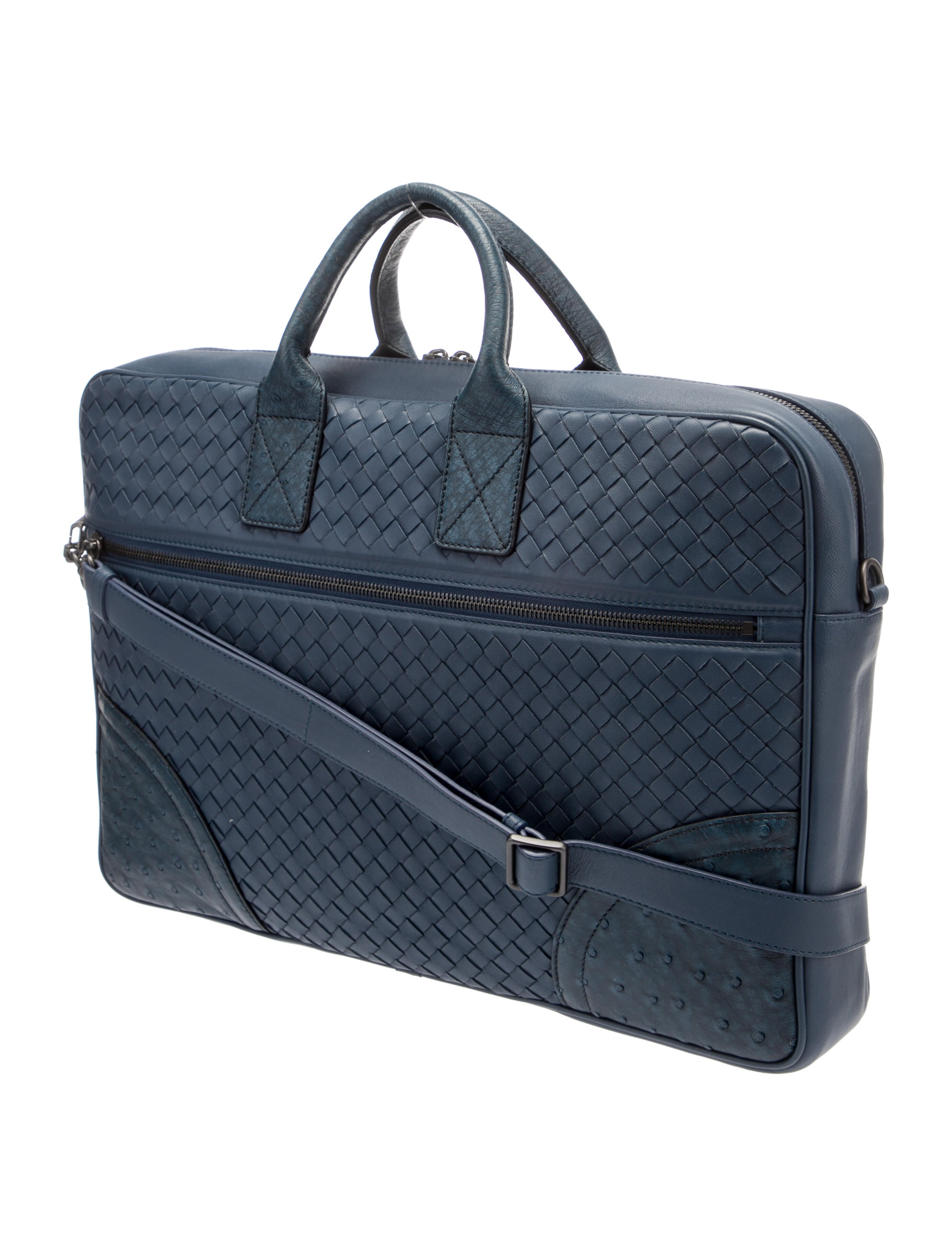 Bottega Veneta Ostrich-Trimmed Intrecciato Briefcase - Blue Briefcases ...