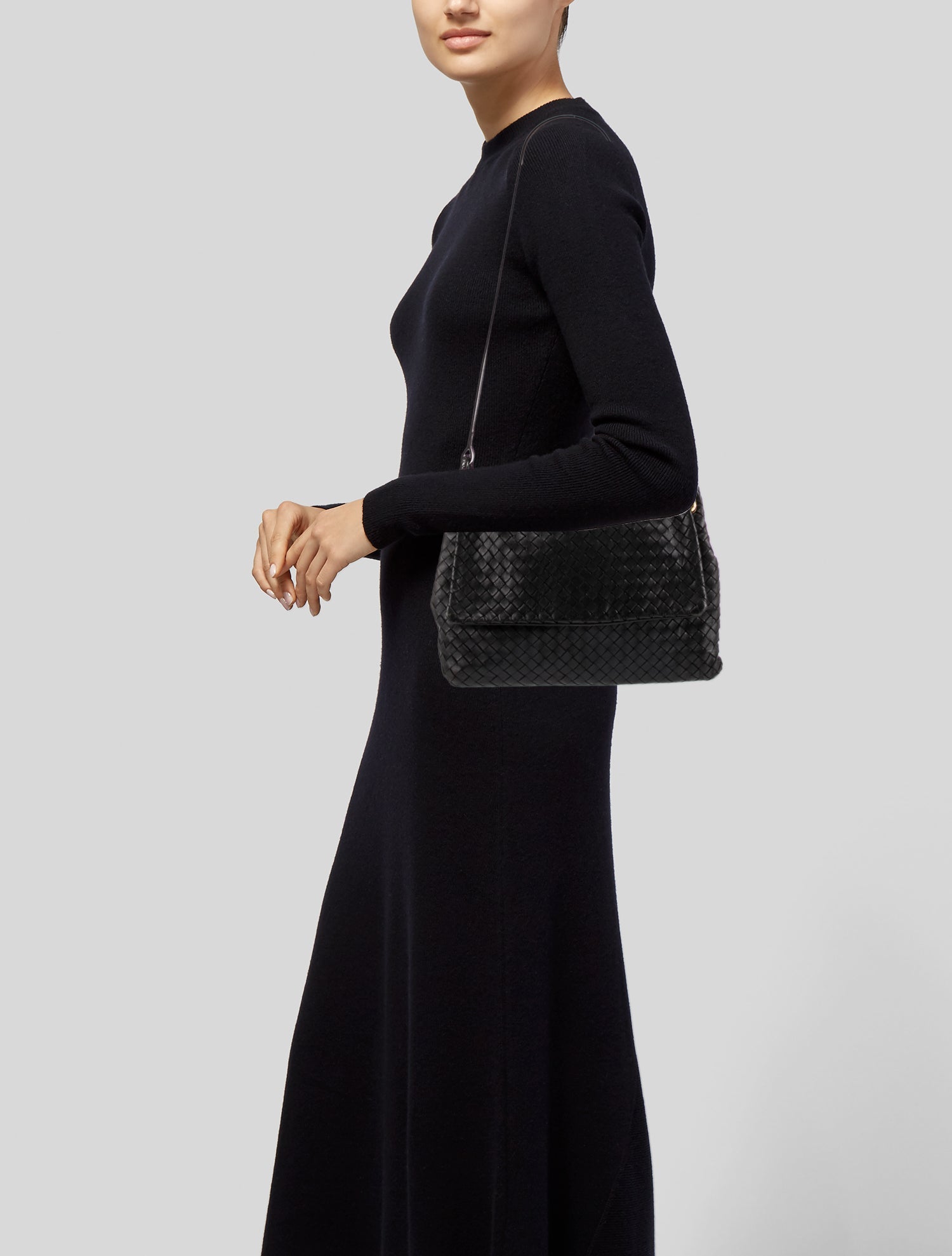 Bottega Veneta Intrecciato Flap Shoulder Bag - Black Shoulder Bags
