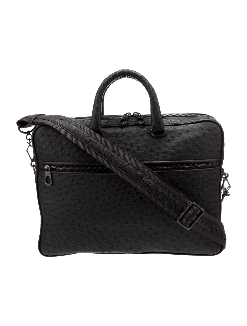 Bottega Veneta Intrecciato-Trimmed Ostrich Handle Briefcase - Black ...