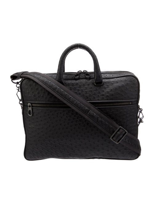 Bottega Veneta Intrecciato-Trimmed Ostrich Handle Briefcase