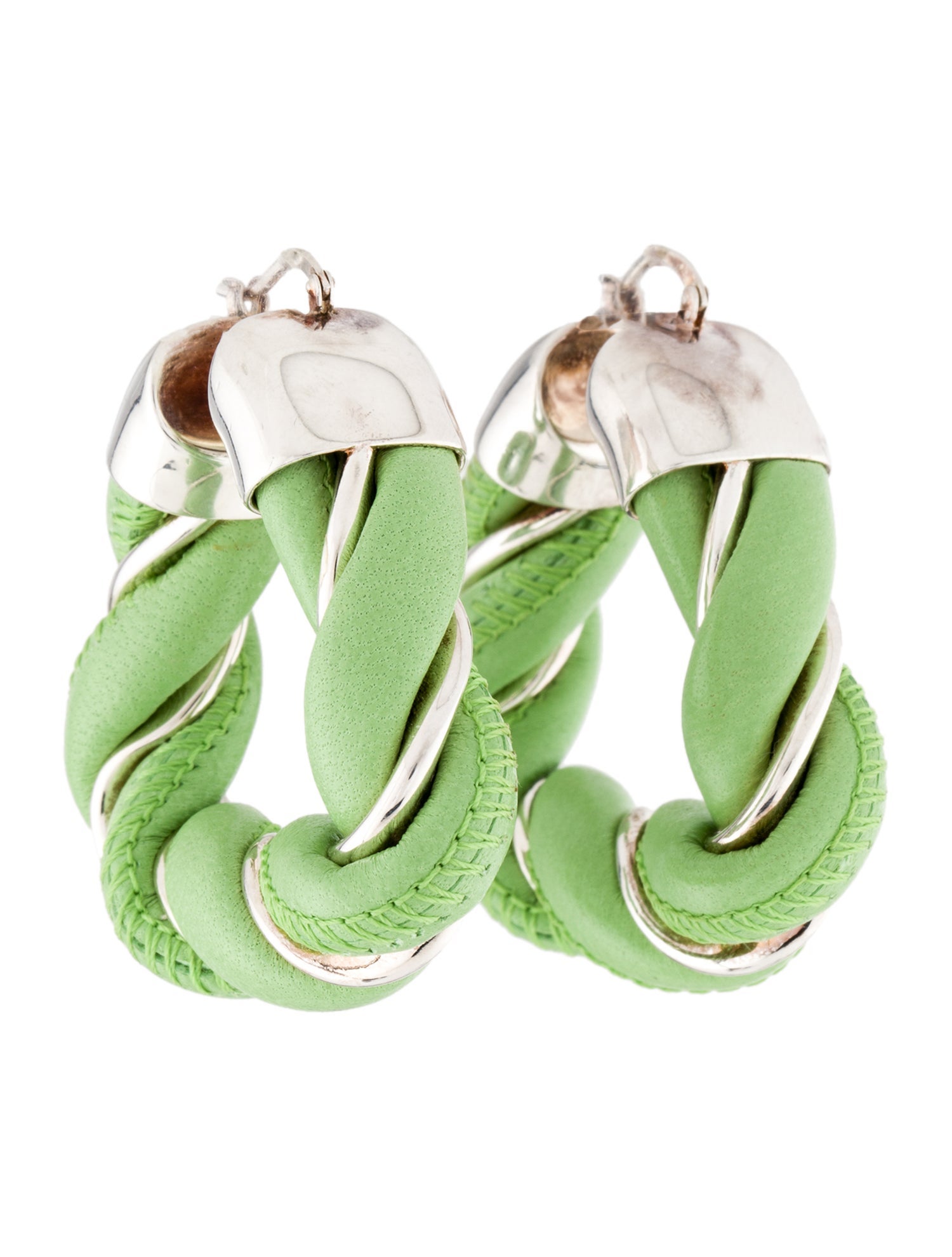 Bottega Veneta Leather Twist Triangle Hoop Earrings - Green
