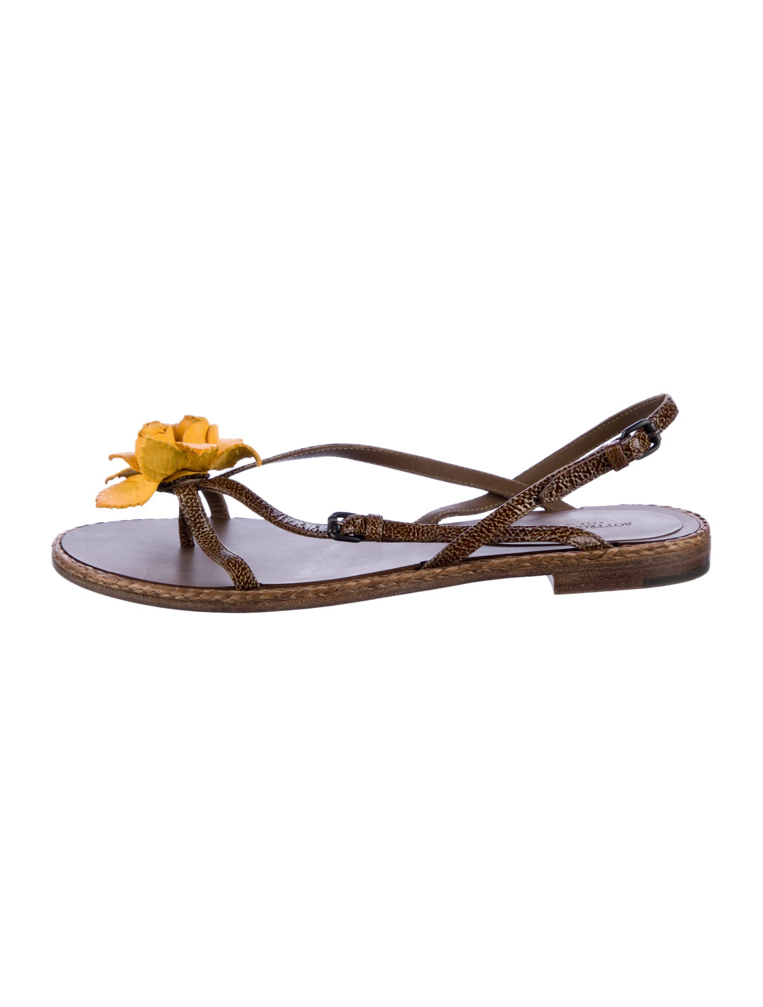 Bottega Leather Floral Print Slingback Sandals Brown Sandals