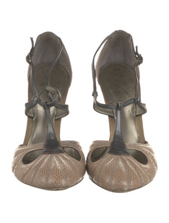 Bottega Veneta Snakeskin Cutout Accent T-Strap Pumps