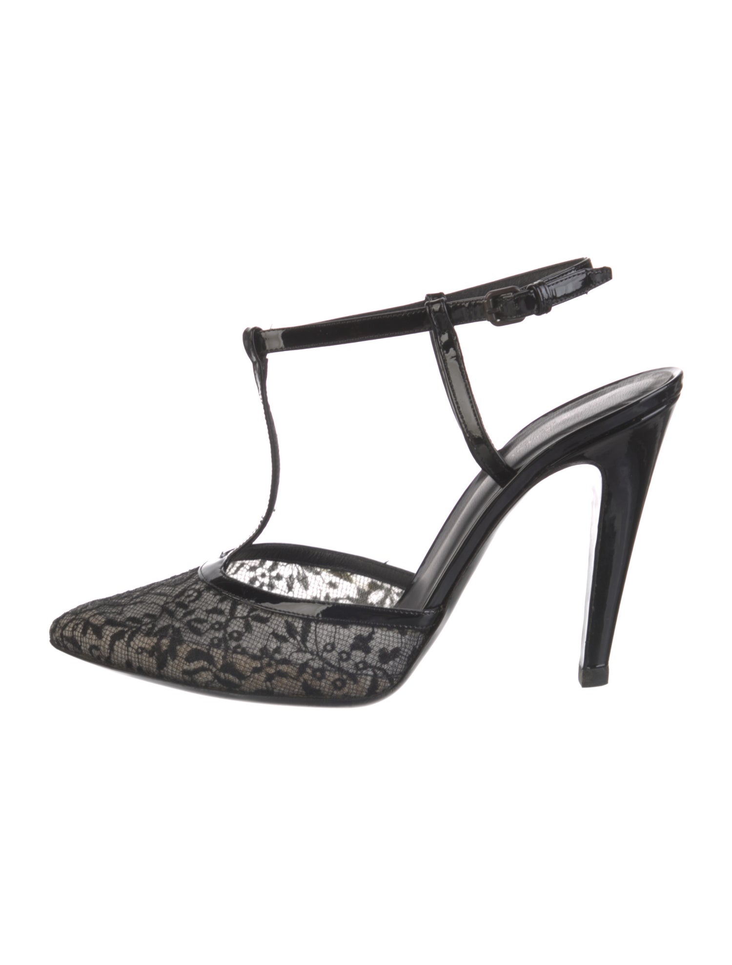 Bottega Veneta Patent Leather Lace Pattern T-Strap Pumps