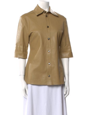 Bottega Veneta Leather Three-Quarter Sleeve Button-Up Top