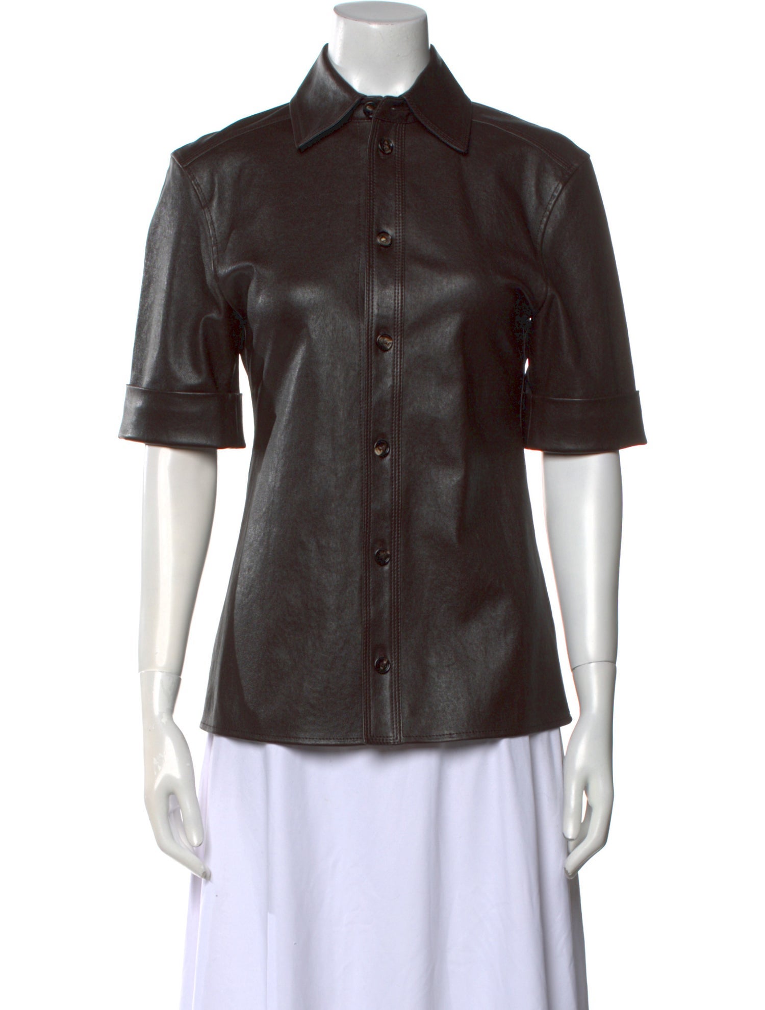 Bottega Veneta Leather Short Sleeve Button-Up Top