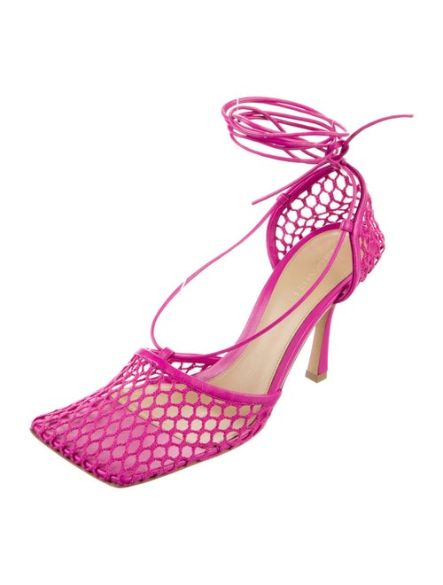 Bottega Veneta Mesh Leather Trim Embellishment T-Strap Pumps