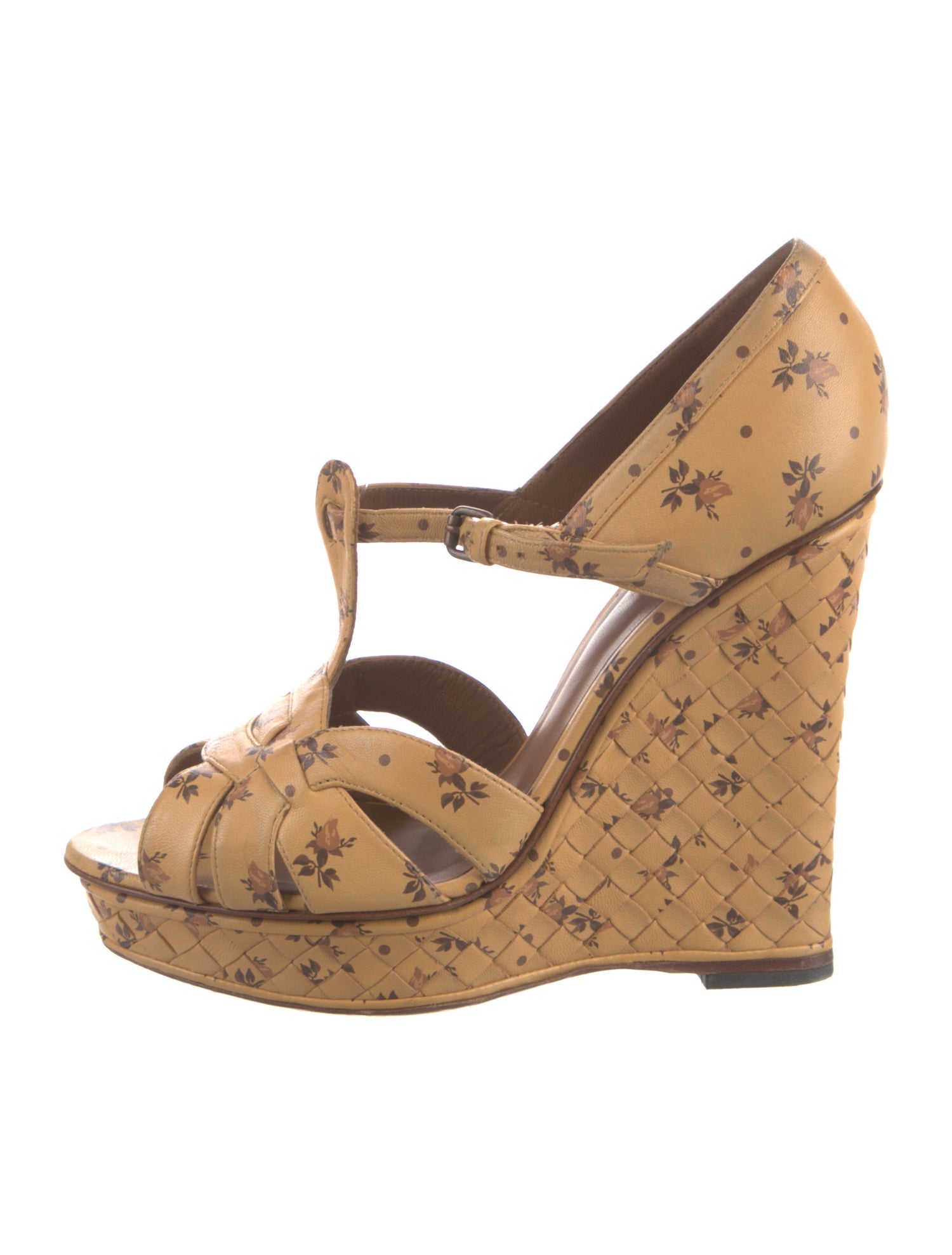 Bottega Veneta Leather Floral Print T-Strap Sandals