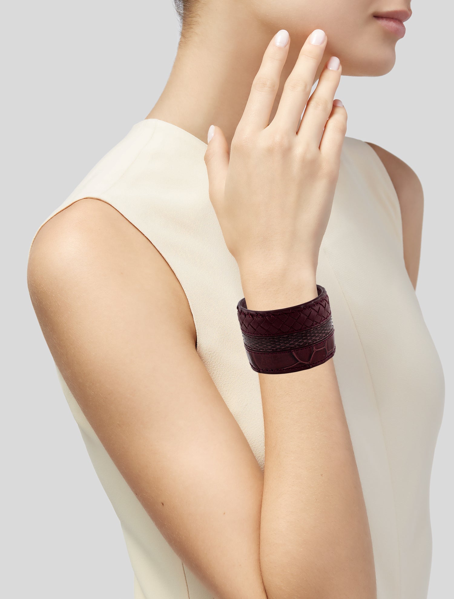Bottega Veneta Leather Snakeskin Intrecciato Cuff Bracelet