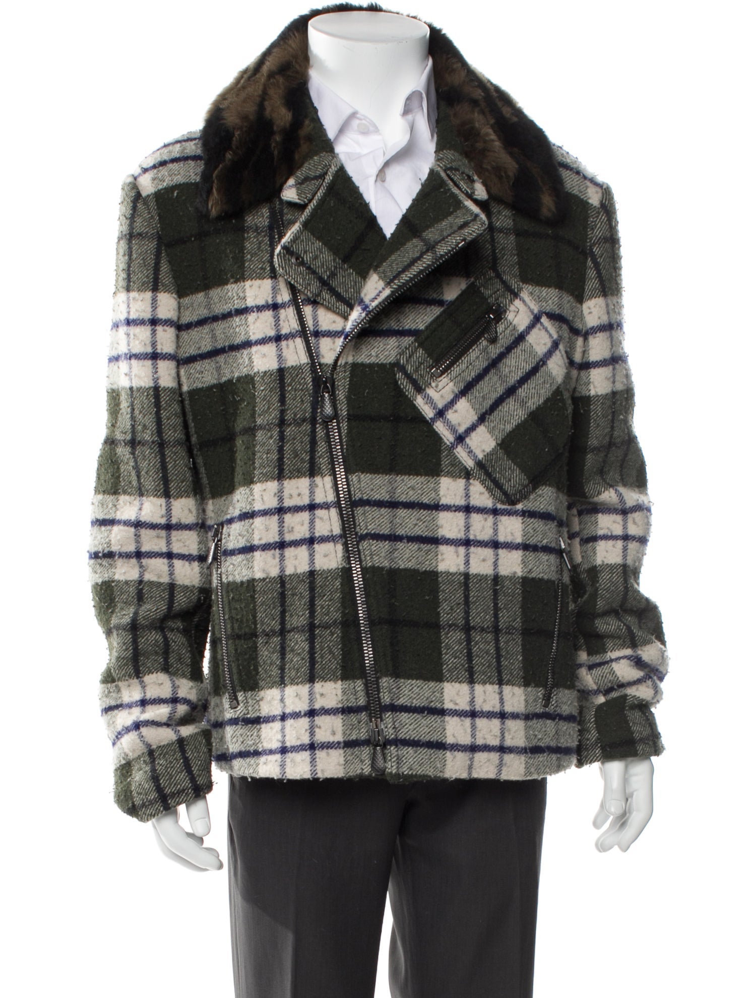Bottega Veneta Wool Plaid Print Moto Jacket