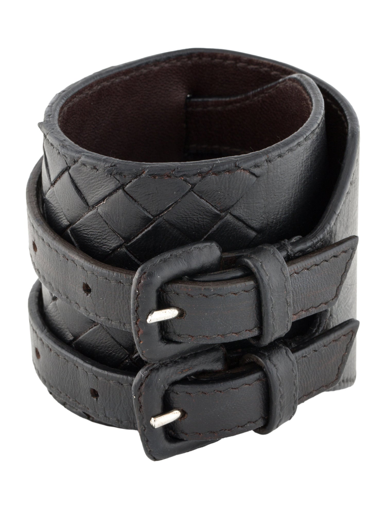 Bottega Veneta Leather Intrecciato Double Buckle Wrap Bracelet