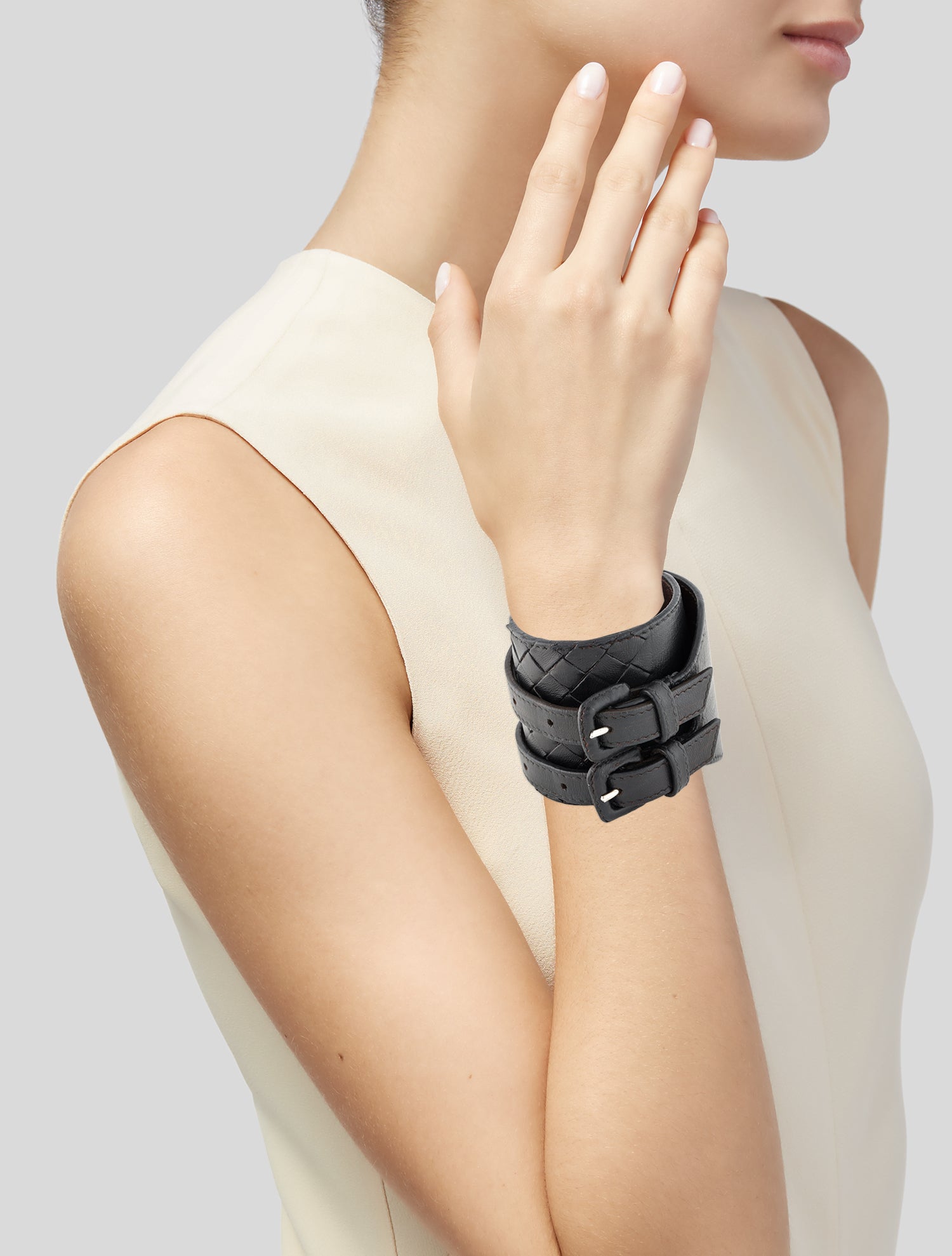 Bottega Veneta Leather Intrecciato Double Buckle Wrap Bracelet