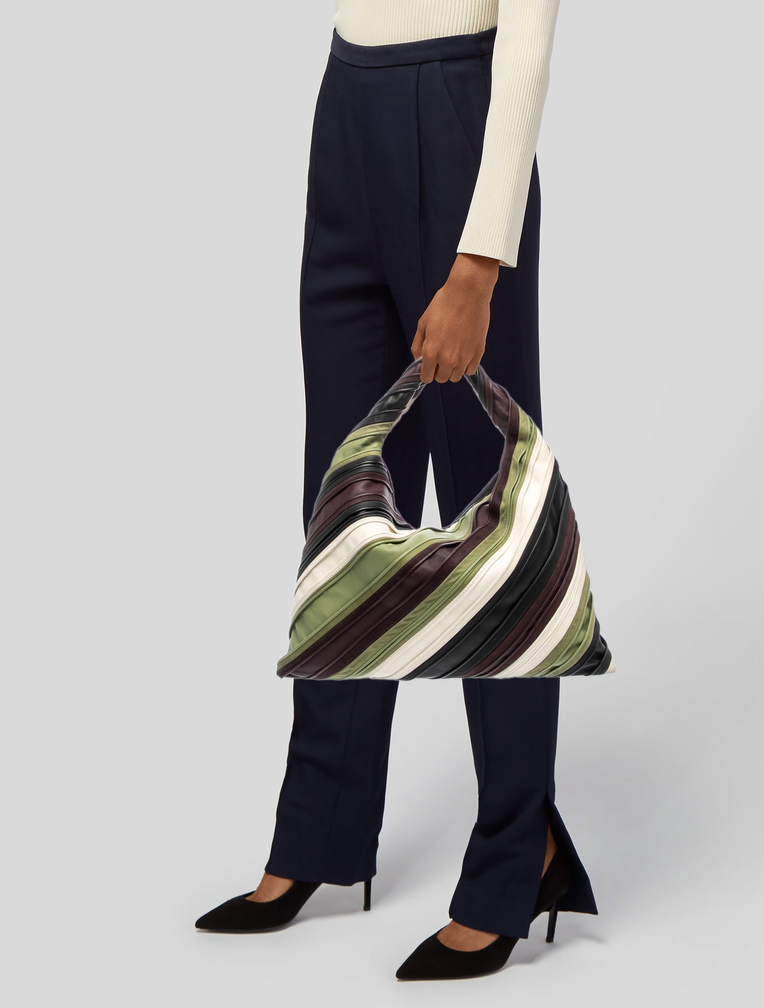 Bottega Veneta Leather Hop Striped Leather Hobo Bag Large