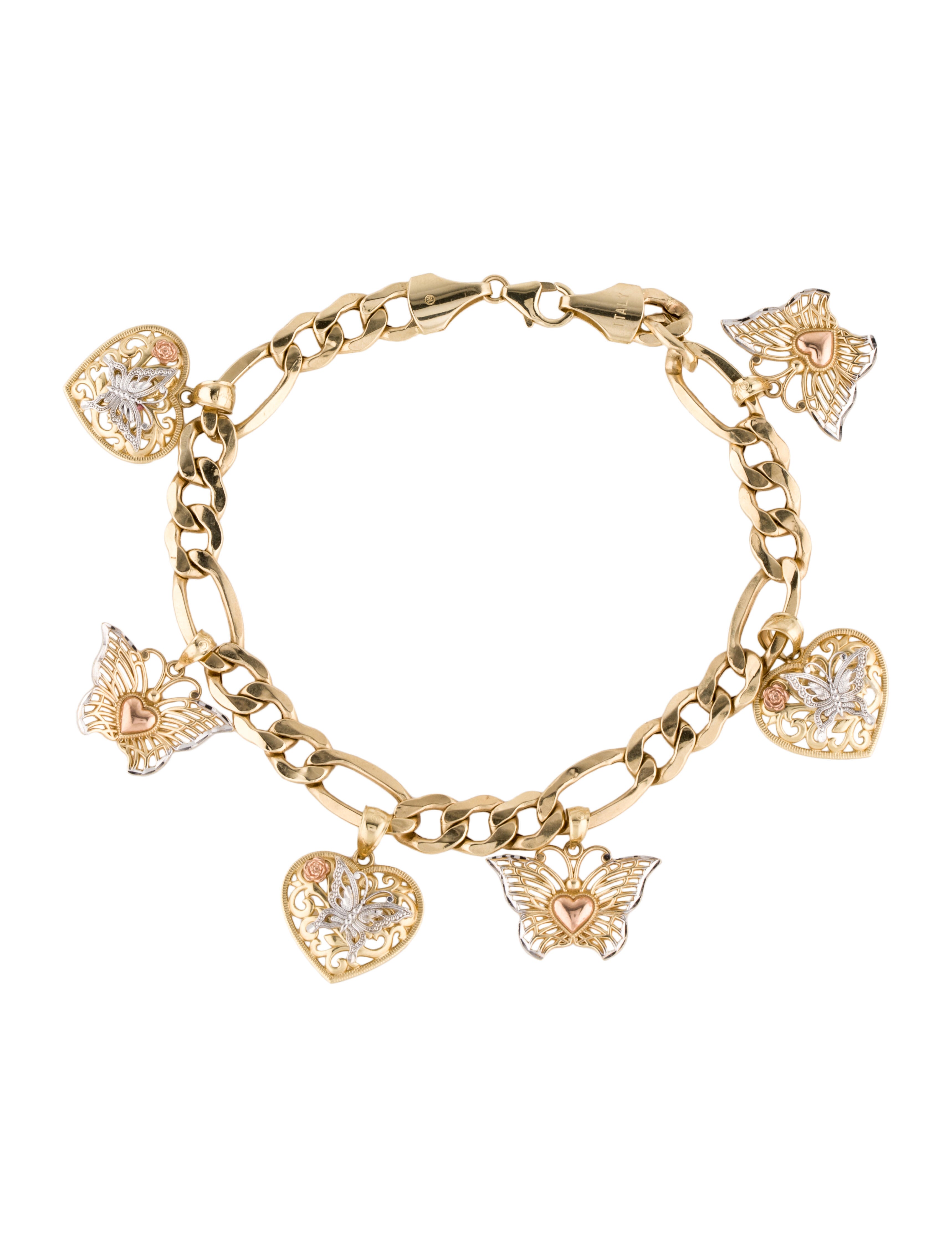 Bracelet 14K Hearts & Butterflies Charm Bracelet 14K Yellow Gold Charm, Bracelets