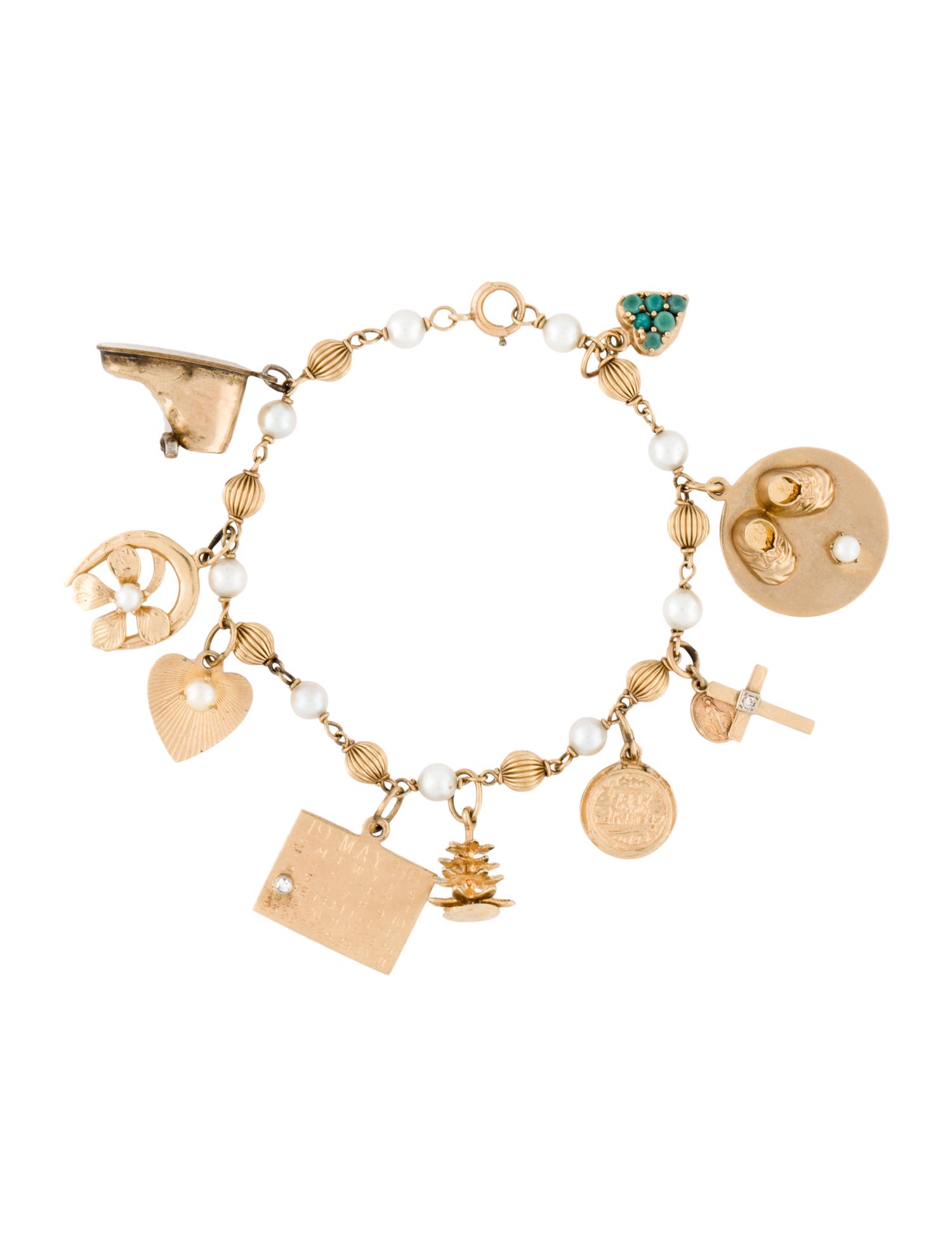 Bracelet Vintage 14K Pearl, Diamond & Turquoise Charm Bracelet 14K