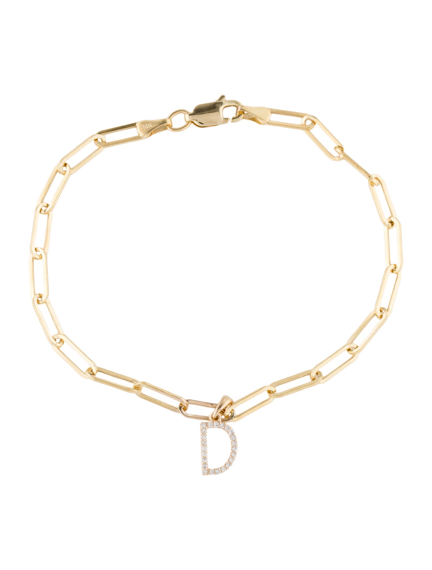 Bracelet 14K Diamond Initial ''D' Paperclip Chain Charm Bracelet