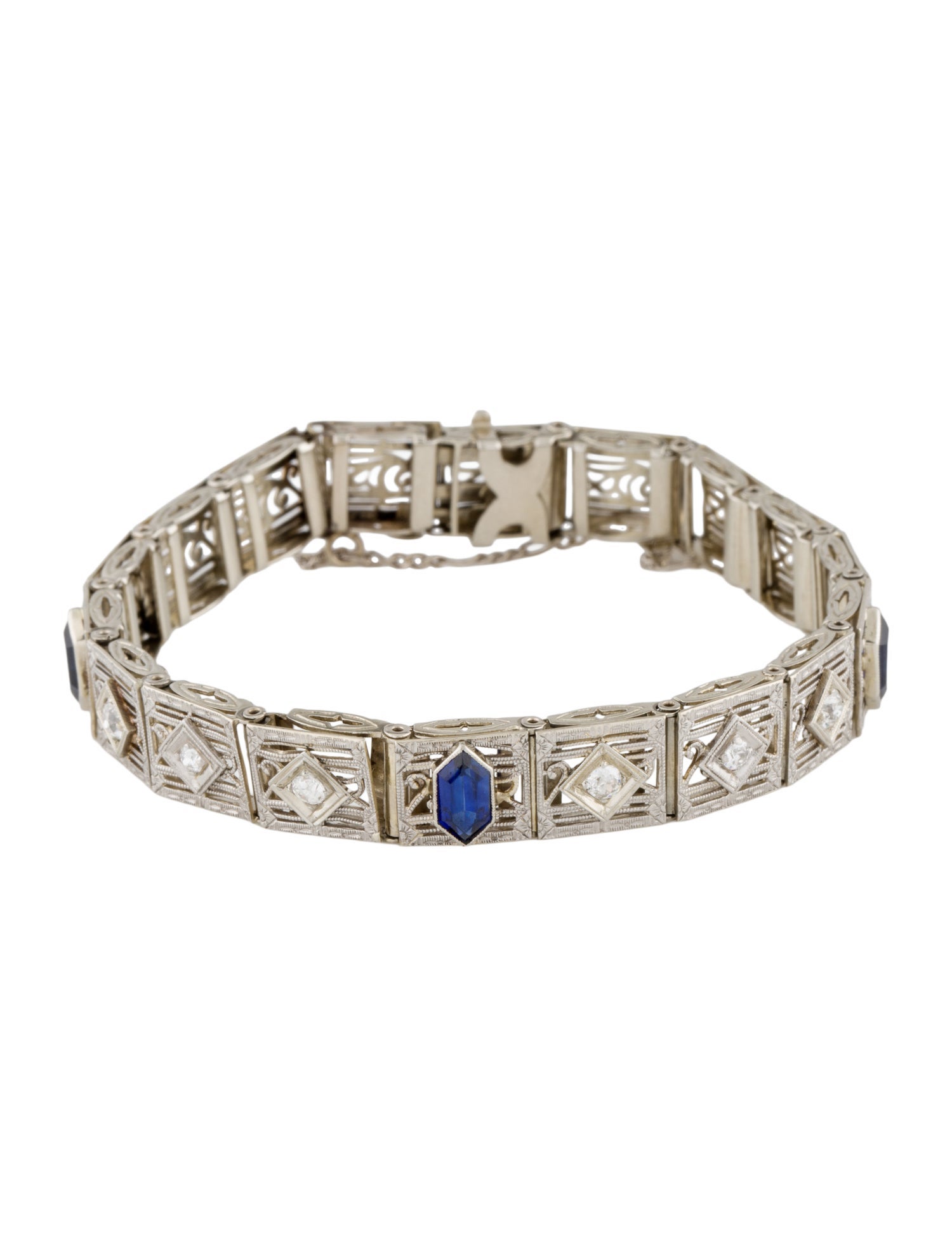 Bracelet Art Deco 14K Synthetic Sapphire & Diamond