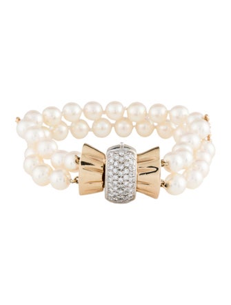 Bracelet 14K Pearl & 1.06ctw Diamond Double Strand Bracelet