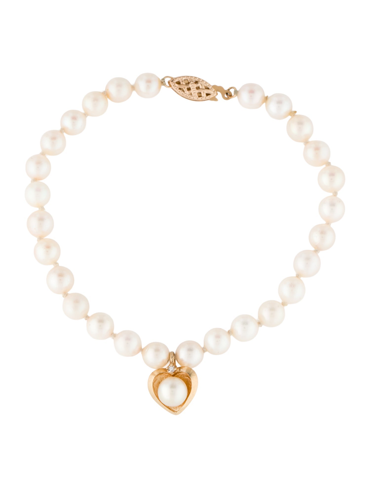Bracelet 14K Pearl & Diamond Heart Charm Braclet