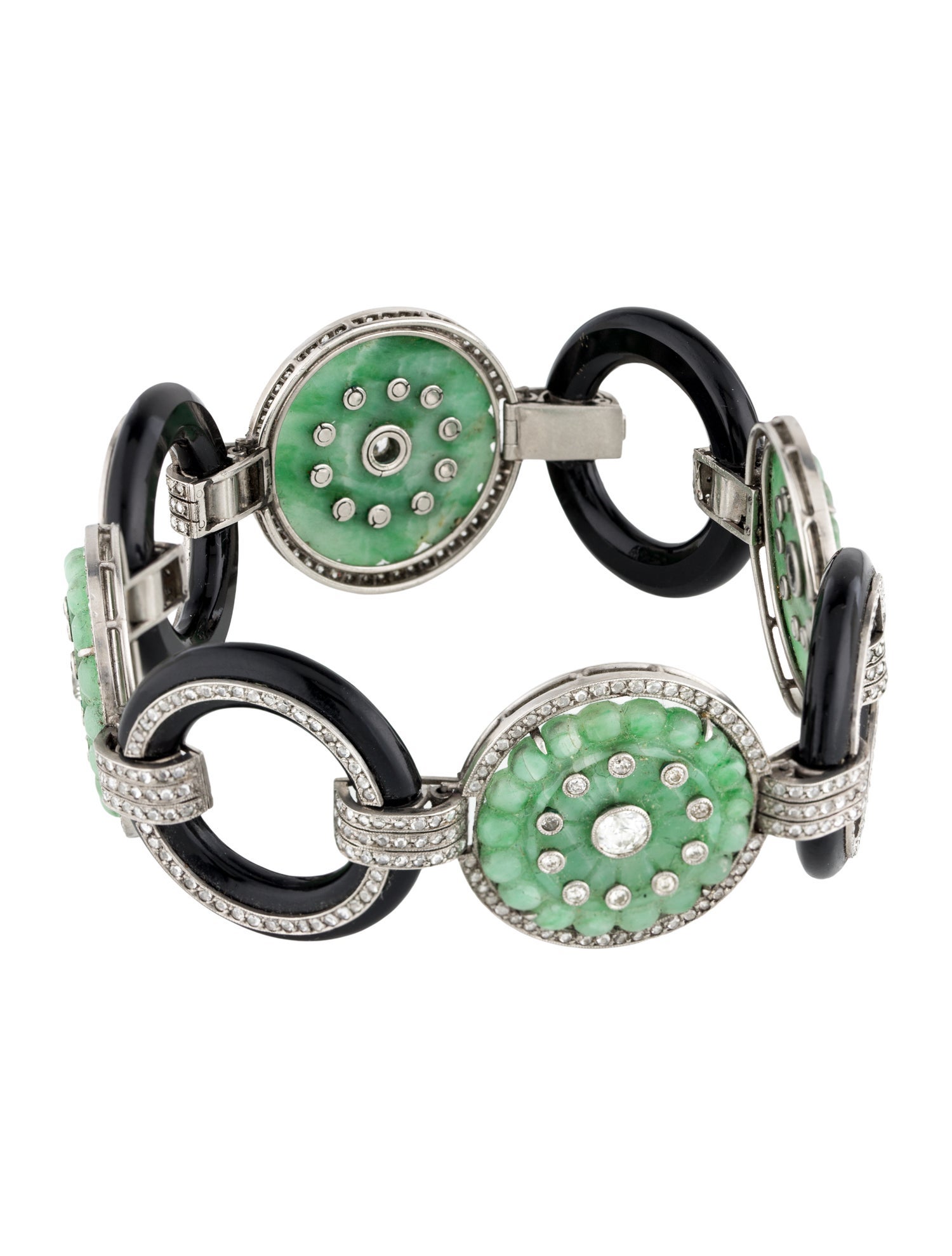 Bracelet Art Deco Platinum Jadeite, Onyx & Diamond Link Bracelet