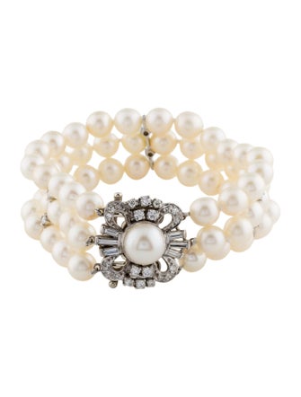 Bracelet 14K Pearl & Diamond Multistrand Bead Bracelet