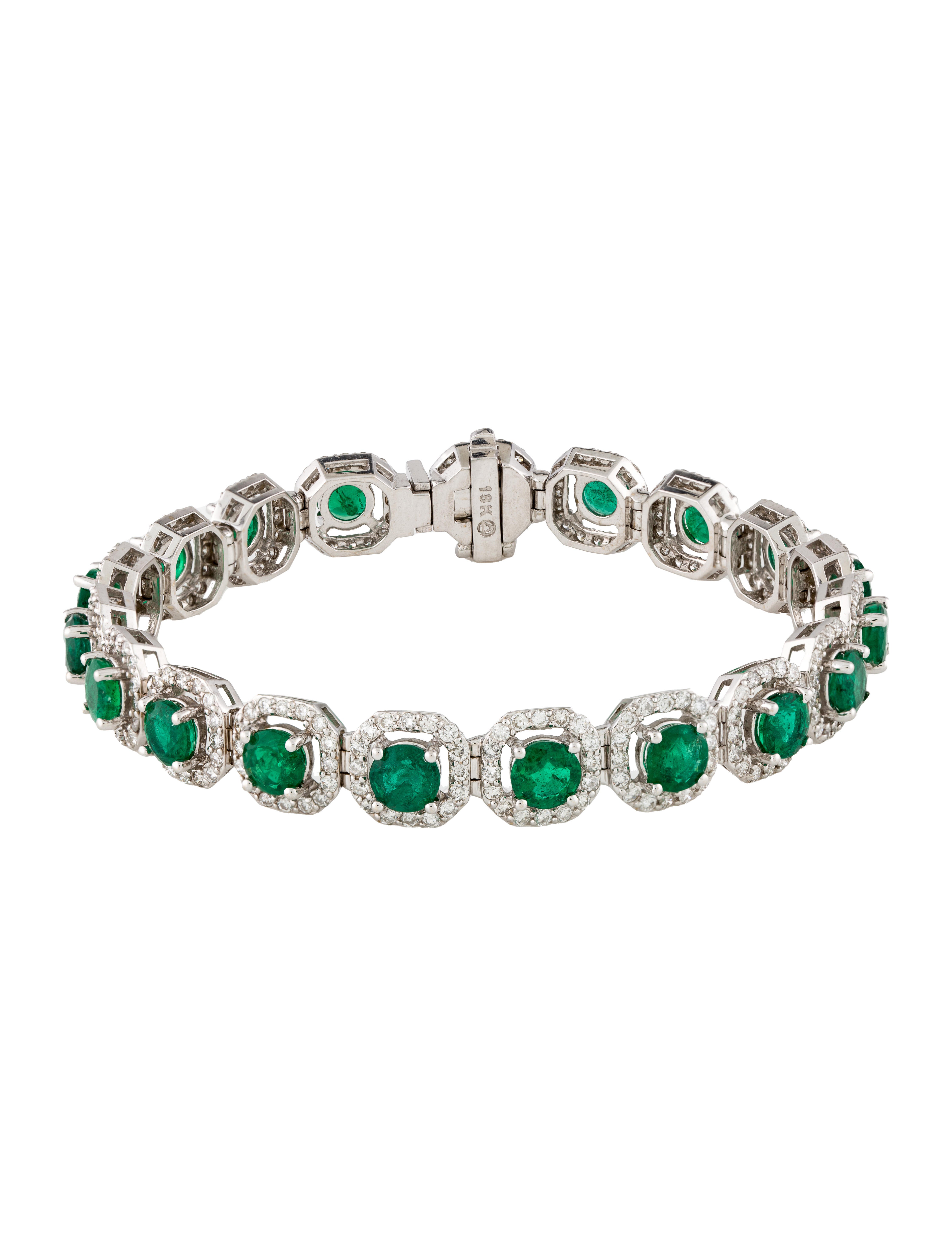 Bracelet 18K 8.84ctw Emerald & Diamond Halo Link Bracelet