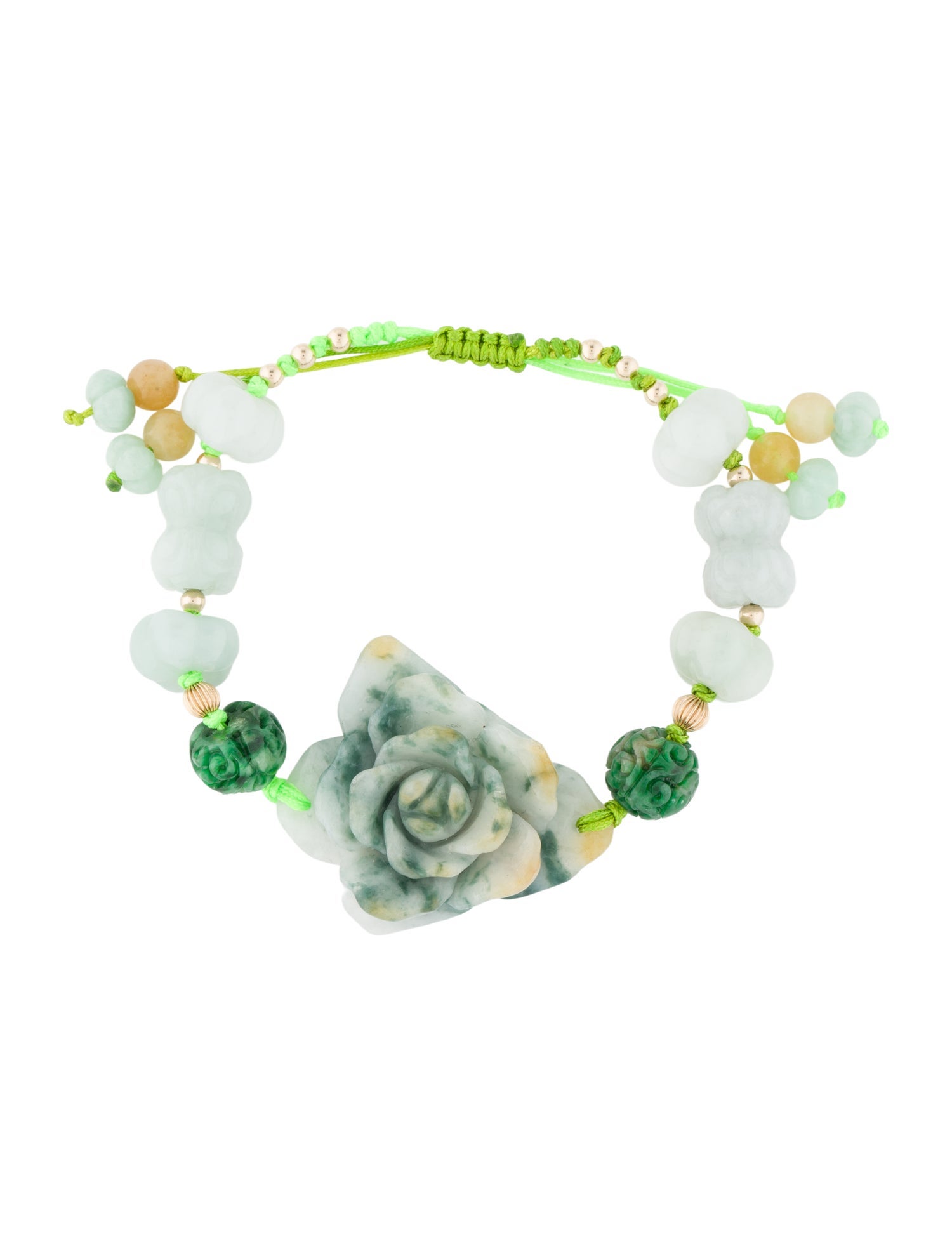 Bracelet 14K Dyed Jadeite & Cord Flower Bolo