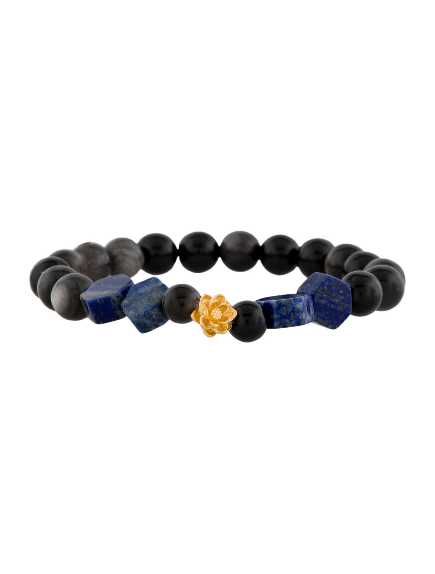 Bracelet 24K Obsidian & Lapis Lazuli Flower Charm Bead Bracelet