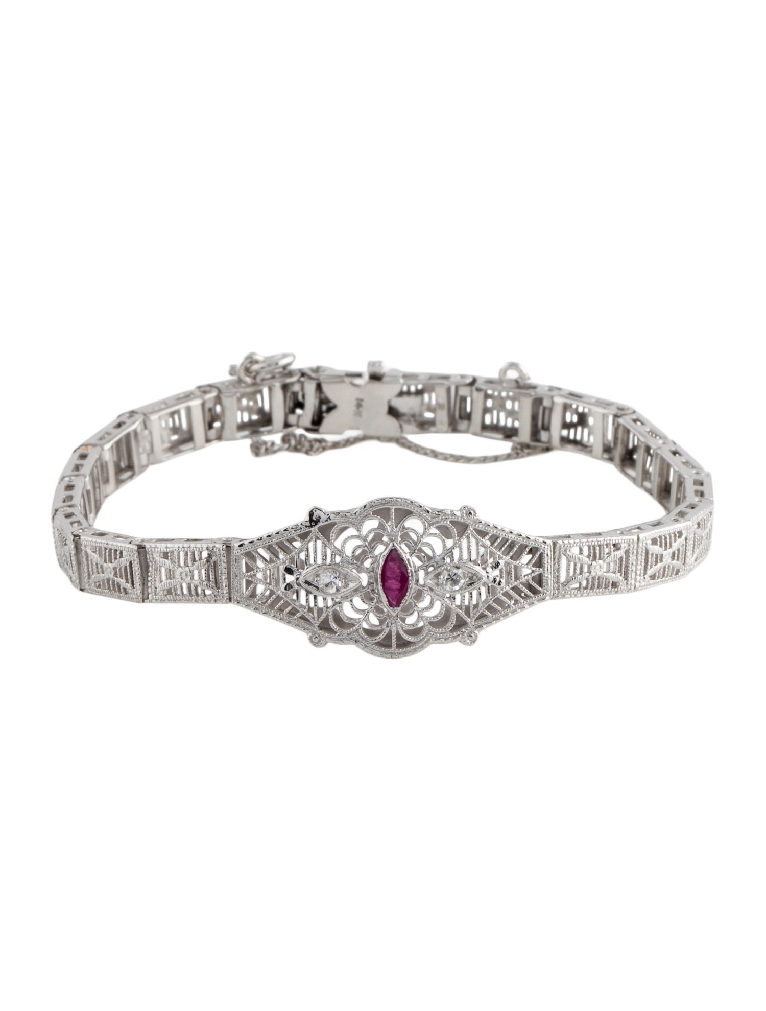 Bracelet 14K Ruby & Diamond Filigree Link Bracelet